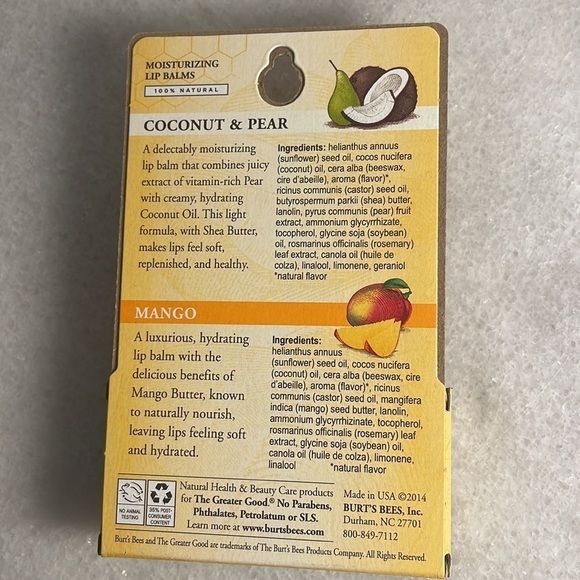 Burt's Bees Coconut & Pear / Mango Moisturizing Lip Balm 100% Natural 2pack - Picture 4 of 6
